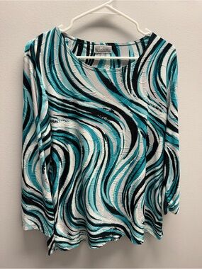 JM Collection Teal Black White Swirl Long Sleeve Top